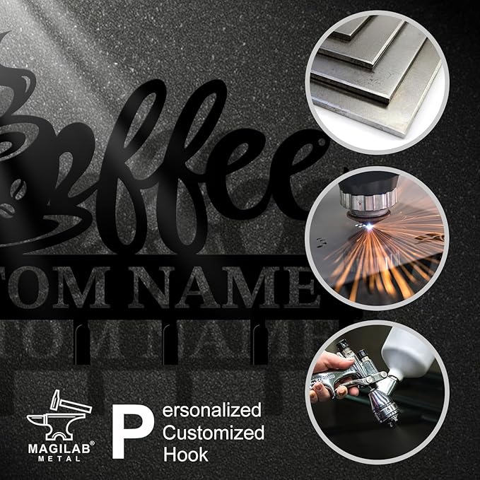 Personalized Custom Name Coffee Bar Wall Keys Hooks,Metal Coffee Shop Art Clothes Hooks,Metal Coffee Lover Wall Home Storage Decorative,For Front Door, Hallway, Kitchen, Bedroom,Keys,Hats (Style J)