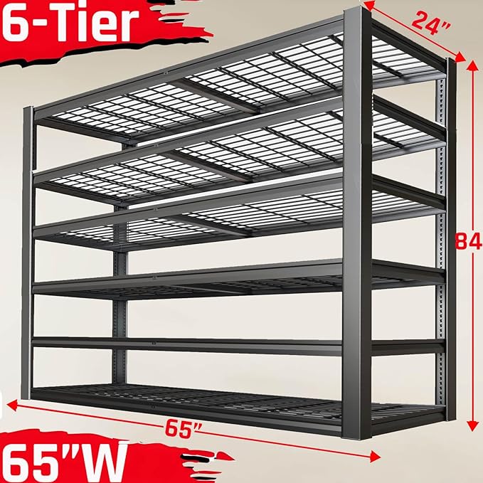 SKZNSA 65" Wide Heavy Duty Garage Shelving Units, 6-Tier Deep Storage Shelves,Black Metal Garage Shelves,Steel Shelf,Large Storage Rack,Industrial Shelving for Shop, 65" W x 24" D x84 H