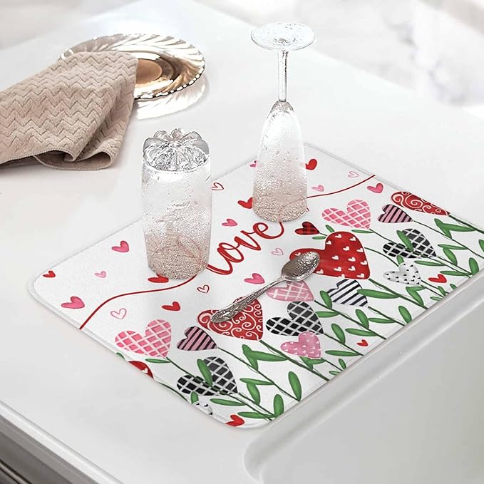Valentine's Day Dish Drying Mat for Kitchen Counter Pink Red Love Drying Pad Absorbent Drying Mats for Countertops Sinks Draining Racks Romantic Drainer Valentines Holiday Decorations 18x24 Inch