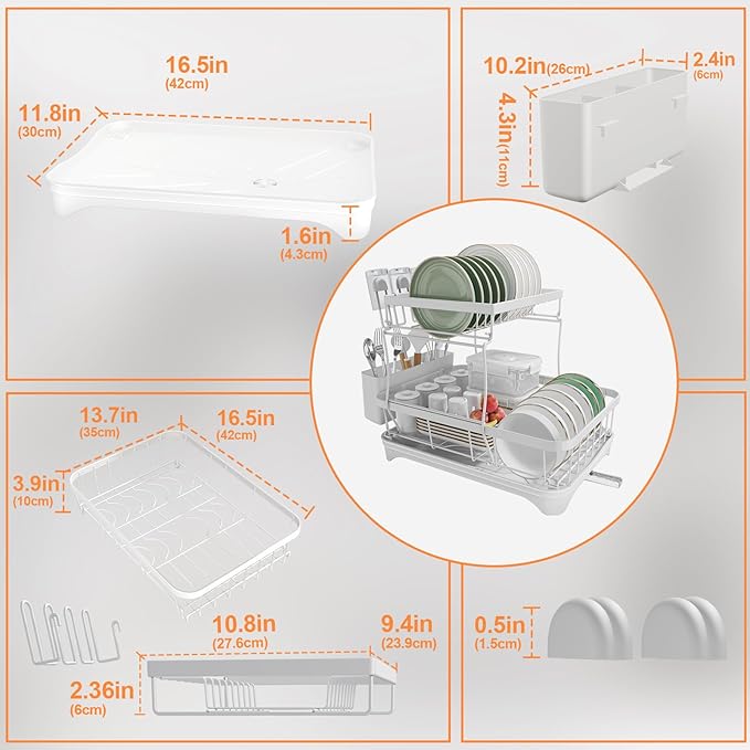 HOMEBOSILY Dish Drying Rack - Auto Draining Dish Rack for Kitchen Counter, Large Capacity Dish Drainers Organizer with Drainboard, 2-Tier Drying Rack with Utensil Holder White