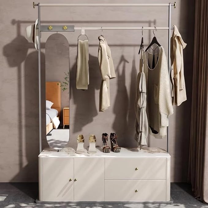 Clothes Rack 43.31IN (Double Storage Drawers) (Dressing Mirror) White Metal Freestanding Hanging Heavy Duty Organizer