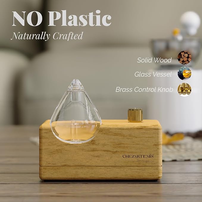 Waterdrop Glass Essential Oil Diffuser with Handmade Wood Base for Aromatherapy, Waterless Scent Diffuser for Yoga Home Office, Portable & Cordless Oil Nebulizer with LED & Timer, Valentine's Day gift