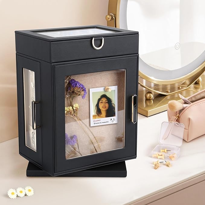 Kendal 360° Rotating Jewelry Box - Black PU Leather Jewelry Organizer with Shadow Box & Pinboard, Detachable Top Tray, Drawers & Push Pins for Personalized Accessory Display & Storage