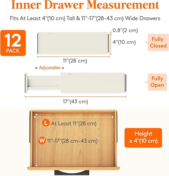 Lifewit 12 Pack Drawer Dividers Plastic 4" High, 11-17" Adjustable Drawer Organizers for Clothes, Expandable Dresser Separators in Bedroom/Bathroom/Kitchen/Office Organization and Storage, Beige