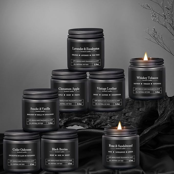 8 Pack Scented Candles for Men, Masculine Candle Gift Set with Smoky & Woody Scents, Soy Wax Aromatherapy Candles for Home, Valentine’s Day Gift for Him, Boyfriend
