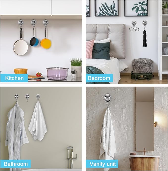 Suction Cup Hooks for Shower, Bathroom, Kitchen, Glass Door, Mirror, Tile – Loofah, Towel, Coat, Bath Robe Hook Holder for Hanging – Waterproof Wreath Hanger (4, Silver)