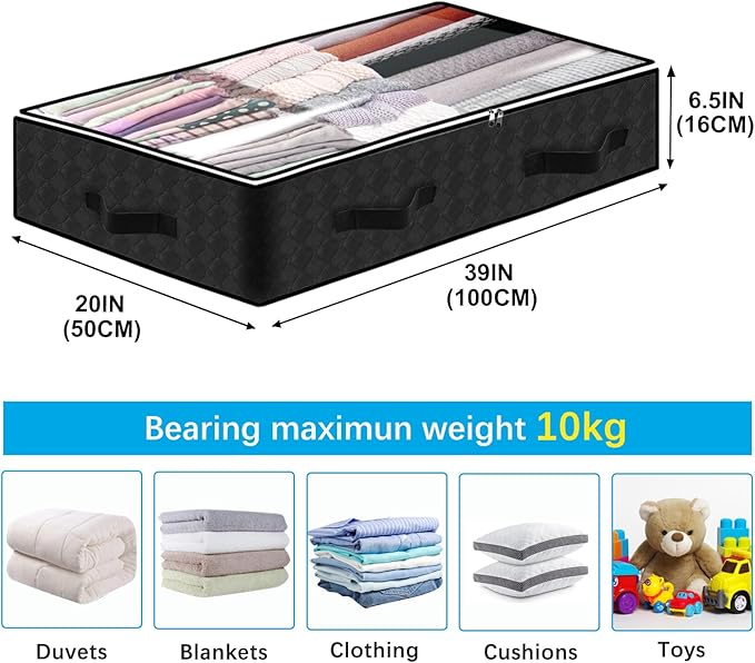 4 Pack Under bed Storage Containers, 90L Large Capacity Bedroom Closet Organizers and Storage Bins Foldable Underbed Storage Bags for Clothes, Blanket, Towels, Comforter, Sweaters, Linen Sheet - Black