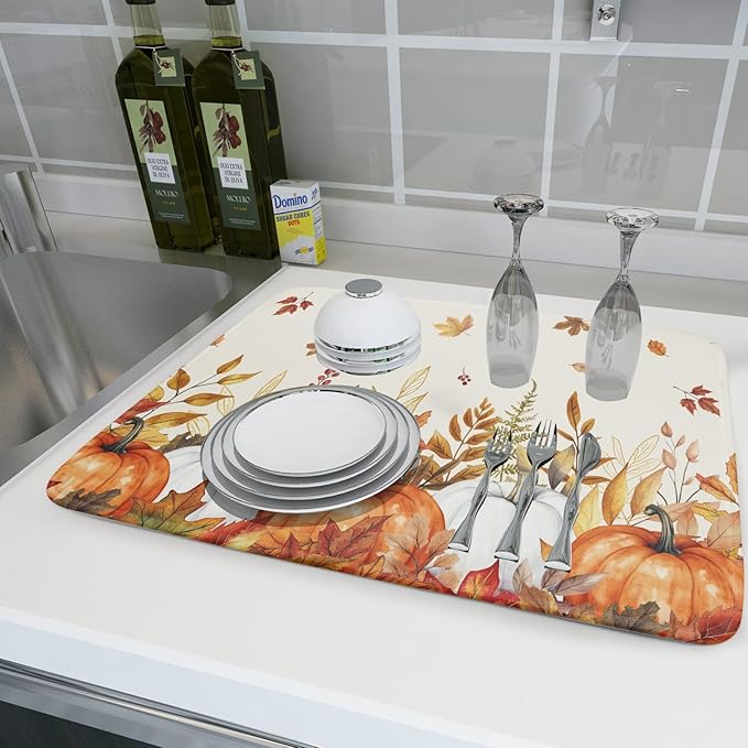 ABSOP Fall Dish Drying Mat for Kitchen Counter 18 x 24 Inch Orange Pumpkin Drying Mat Absorbent Reversible Microfiber Mats for Thanksgiving Decoration Dish Rack Pad Drainer Mat for Coffee Bar