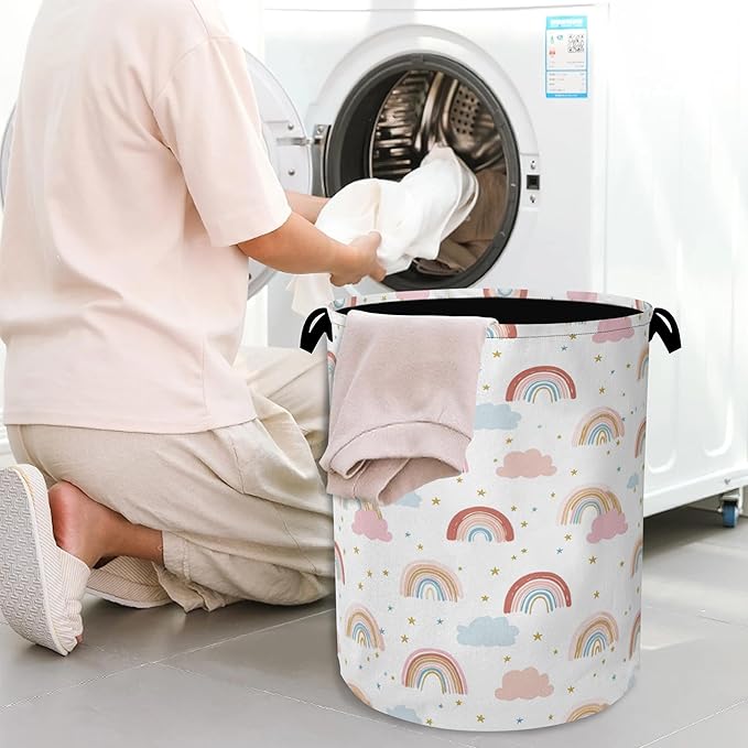 Rainbow Laundry Hamper,Stars Dirty Clothes Laundry Basket with Handles Waterproof Oxford Cloth Storage Basket for College Dorms Bathroom Bedroom 16" x 20.8"