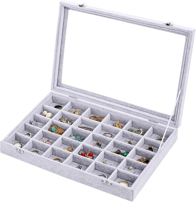 Jewelry Organizer Tray with Clear Lid 30 Grid Velvet Drawer Insert Jewelry Storage box with Glass lid Display Case Store Showcase Holder with Lock Gifts for Women(Grey, 30 Grid)