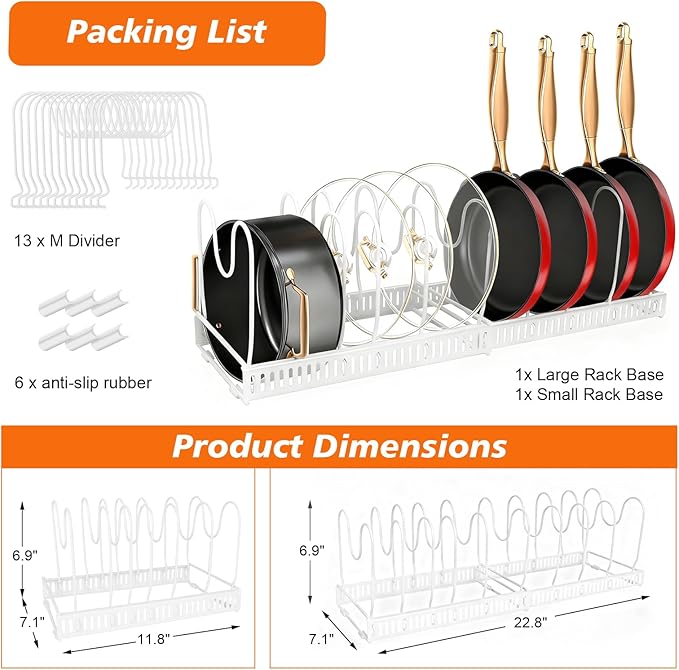 HuuDraLono Expandable Pots and Pans Organizer Rack for Under-Cabinet Storage - Adjustable Kitchen Cabinet Organizer with 13 Dividers, Cutting Board Holder & 6 Non-Slip Silicone Pads-White