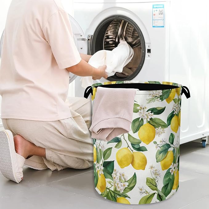 Lemon Laundry Basket,Flower Leaf Foldable Oxford Cloth Tote Bag Laundry Hamper Clothes Storage Bucket Organizer for Bedroom Laundry Storage Dormitories 16" x 20.8"
