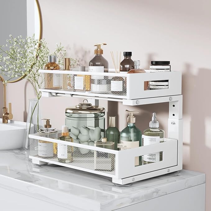 1 Pack 17IN Depth Under Sink Organizer, 2-Tier Pull Out Cabinet Organizer With Smooth Circular Rail, Large Capacity Metal Mesh Sliding Drawers For Bathroom& Kitchen Storage,Height Adjustable –White