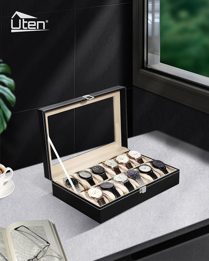 Uten Watch Organizer - 12 Slot PU Case with Glass Lid, Valentine's Day Gift, Watch Display Box with Removable Pillow, Metal Clasp