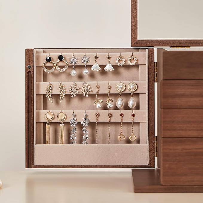 CHOSIN Black Walnut Wooden Jewelry Box, 4-Layer Lockable Wood Jewelry Organizer with Mirror, Side Doors & Brass Handle, Classical Design for Rings, Necklaces, Earrings, Watches, Valentine's Day Gifts