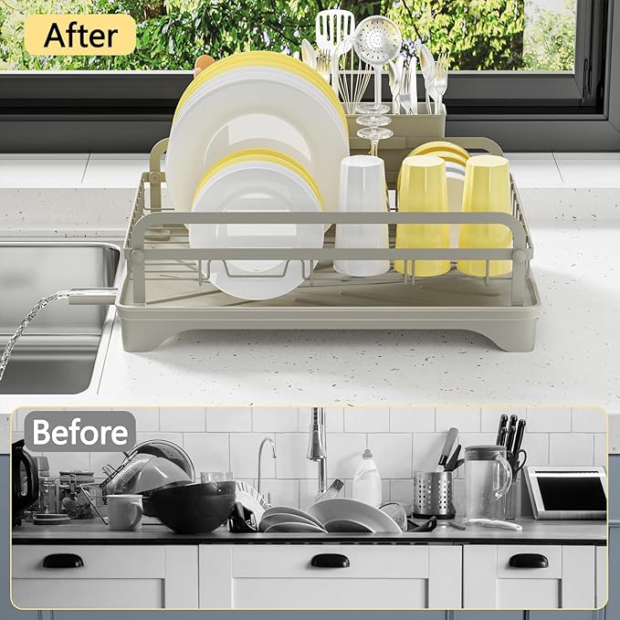 LIYI Dish Rack - Dish Racks for Kitchen Counter, Kitchen Dish Drying Rack Kitchen with Removable Utensil Holder and Drainboard, 16.5" D x 11.6" W x 6.6" H, Grey
