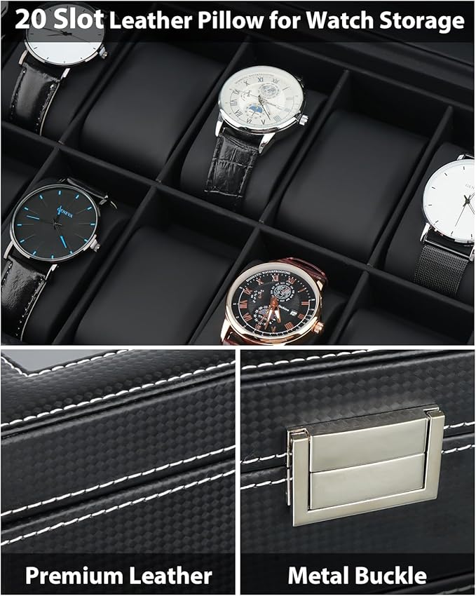 Jenseits Watch Box, 20 Slot Watch Case for Men, 2 Layers Lockable Watch Display Case with Glass Lid, Large Capacity Watch Storage Organizer, Gift for Loved Ones, Luxury Watch Holder (Black)