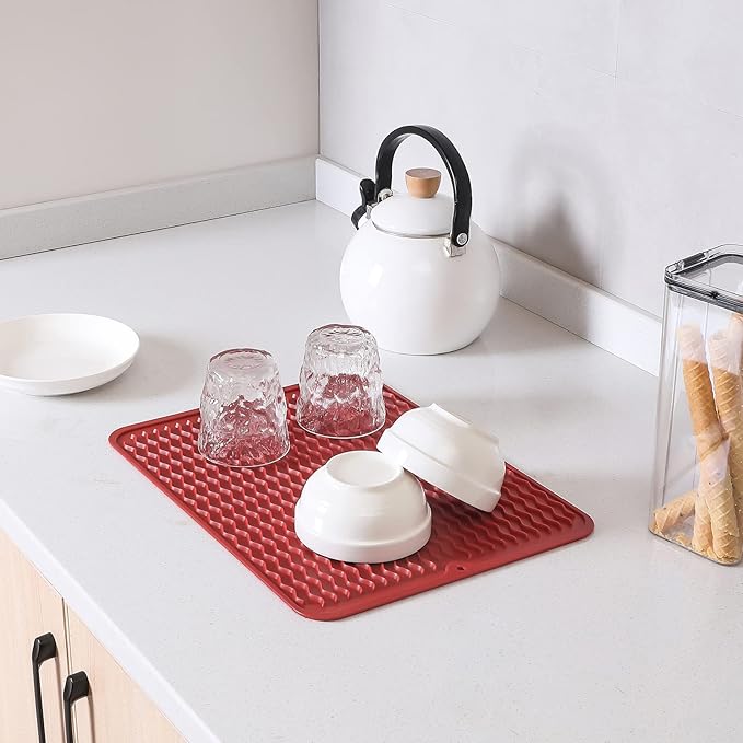 MicoYang Silicone Dish Drying Mat for Multiple Usage,Easy clean,Eco-friendly,Heat-resistant Silicone Mat for Kitchen Counter or Sink,Refrigerator or drawer liner Red L 16 inches x 12 inches