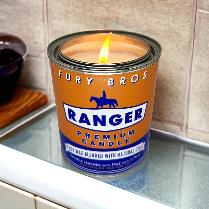 Fury Bros. Scented Candles for Men | Ranger | Saddle Leather Pine Citrus | Natural Soy Wax | Hand-Poured in The USA | Long 70-80 Hour Burn (12.5 oz) | Vintage-Inspired Tin Design | Dad Home Gift