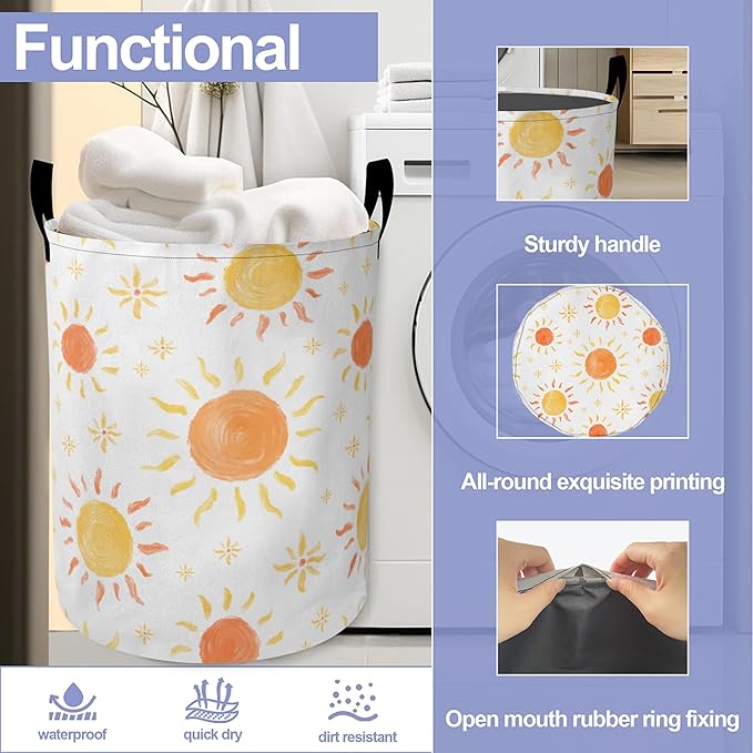Boho Sun Laundry Hamper Large Canvas Fabric Lightweight Storage Basket/Dirty Clothes Collapsible Waterproof for College Dorms, Boys and Girls Bedroom,Bathroom