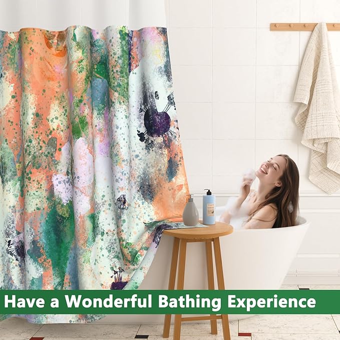 Abstract Colorful Shower Curtain with Liner, Watercolor Modern Aesthetic Bathroom Curtains, Hotel Style Double Layers No Hook Shower Curtain, Washable Waterproof Fabric, Green Yellow 71x74 inch