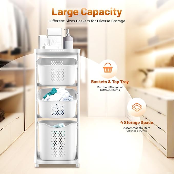 3 Tier Rolling Laundry Basket Vertical laundry hamper Sorter Cart with Wheels and Breaks Bathrooms Clothes Hamper 3 Section laundry organizer for Kitchens, Bedrooms, Laundry Rooms