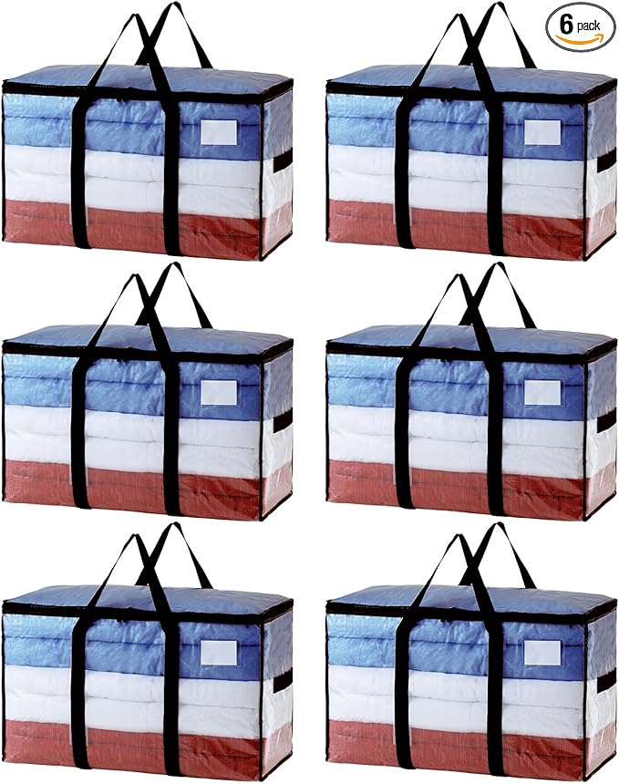 TAILI Extra Large Moving Bags, 6 Pack Clear Heavy Duty Totes for Storage with Visible Window, Wrap Around Handles, Storage Bags for Space Saving, Alternative to Moving Boxes