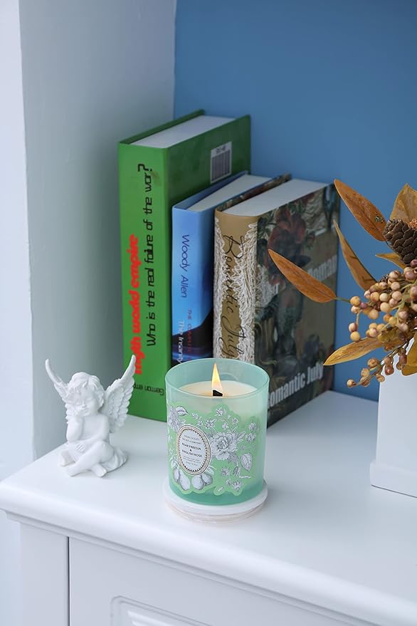 Large Scented Candle 10oz | Fresh Pear Freesia & Rose Soy Candle | Decorative Green Jar Wood Wick Candle Long Lasting | Aromatherapy Gift for Women & Men
