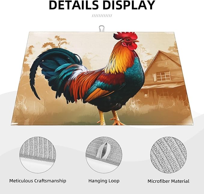 Indokyeyqaz Retro Rooster Dish Drying Mat for Kitchen Counter Absorbent Microfiber Drying Mat Reusable Washable 18x24 Inch Large Dish Mats For Drying Dishes