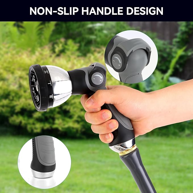 AnyEasy Garden Water Hose Nozzle Metal Heavy Duty Sprayer Thumb Control with 10 Spray Modes Suitable for Watering Plants, Iawn and Garden, Car Washing, Cleaning, Showering Pets and Outdoor Fun, Gray