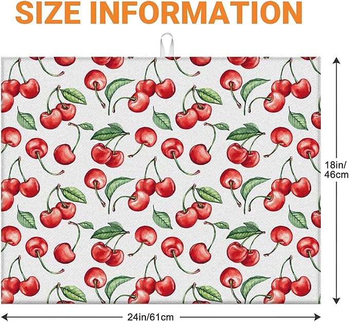 Dish Drying Mat For Kitchen Counter, Cherry Leaf Microfiber Absorbent Dish Drainer Rack Pad Reusable Large 18x24in Drying Mat