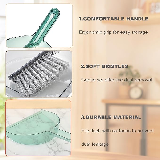 Small Broom with Dustpan Combo Set Mini Broom and Brush Set Hand Sweeper for Cleaning Desk Office Kitchen Pet Nest (Transparent Green)