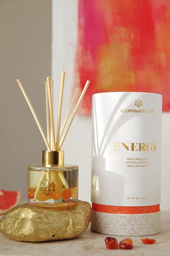 Crystal Infused Reed Diffuser, 4 OZ, Energy - Red Carnelian Crystal Infused - Scents of Lemon, Grapefruit, & Bergamot - Home Decor, House Warming, Room, Stick Perfume, Coffee Table