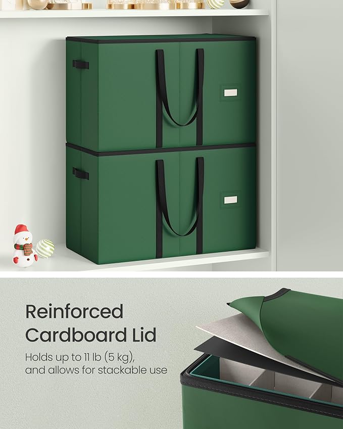 SONGMICS Christmas Ornament Storage Boxes, Set of 2, Dual Zippers, Stackable Christmas Storage Containers with Lid, 16 Trays, 600D Oxford, 3-Inch 256 Slots, Forest Green URFB043C01