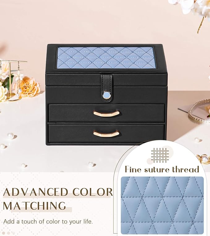 Black Jewelry Box Organizer: Home Decor for Women - 2-Drawer Holder for Valentine’s Day Birthday Gift Black Grey-Blue