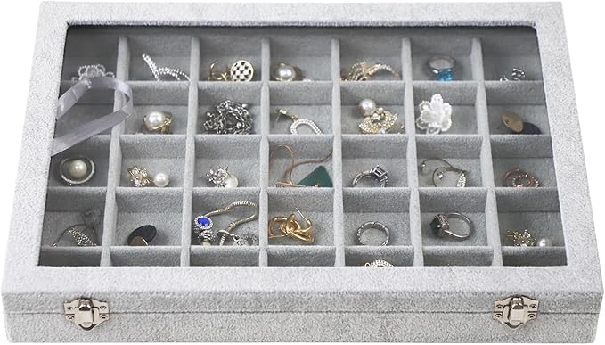 Jewelry Tray 35 Grid Velvet Jewelry Organizer with Clear Lid Transparent Earring Bracelet Organizer Holder Case with Clasp Drawer Insert for Rings Studs Gift for Women Girls (Grey)