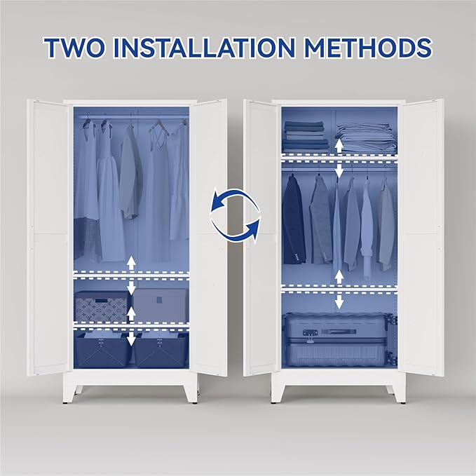 COFaR 71'' Metal Wardrobe Closet, Bedroom Armoire Cabinet with Adjustable Hanging Rod and Shelves, 2 Doors Farmhouse Closet Storage for Garage Laundry, White Roperos para Guardar Ropa