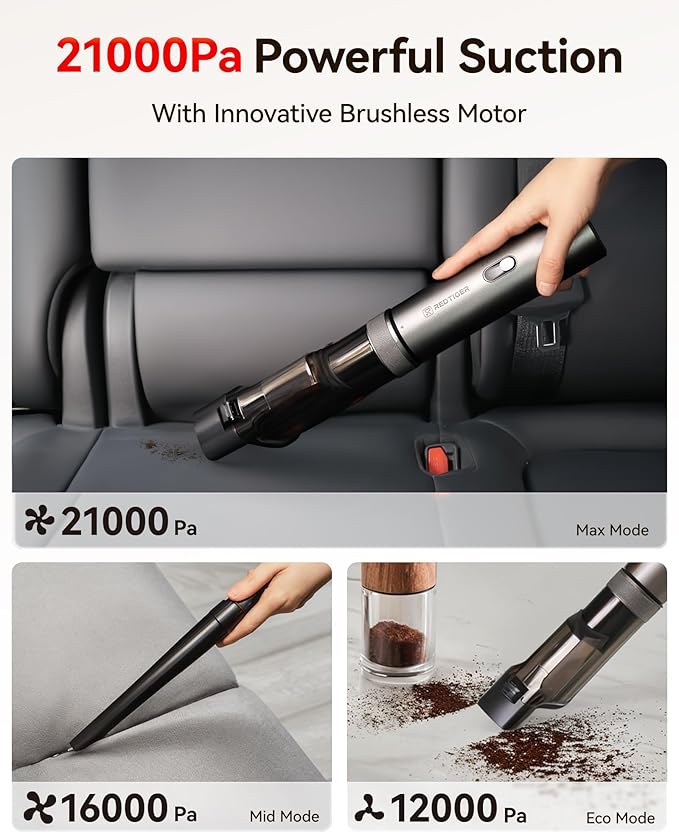 REDTIGER Car Vacuum Cordless, 21000PA Portable Handheld Vacuum Up to 70 Mins Runtime, 3.5H USB-C Fast Charge, Lightweight 4 in1 Mini Hand Held Cleaner Power for Car Home Outdoor Camp Pet Food Black