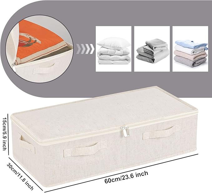 ENUMAIL Underbed Storage Box Organizer, Foldable Under Bed Clothes Bags Container, Flat Bins with Lid for Organizing Clothes, Sheets, Blankets, Comforter, 23.6x11.8x5.9in, Beige, 3 Pack