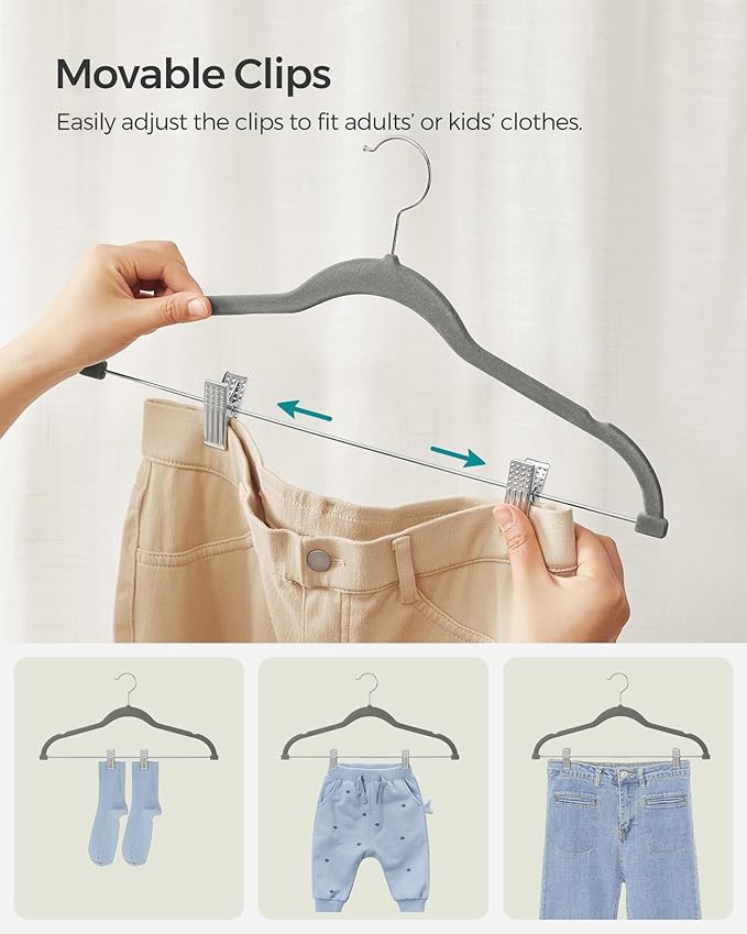 SONGMICS 30 Pack Pants Hangers, 16.7 Inches Long Velvet Trousers Hangers with Adjustable Clips, Heavy-Duty, Non-Slip, Space-Saving for Pants, Skirts, Coats, Dresses, Tank Tops, Gray UCRF12V30
