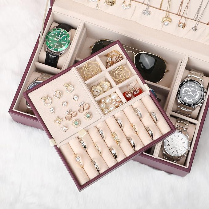 LANDICI Jewelry Box Organizer for Women, 2 Layer 4 Slot Watch Storage Case with Removable Tray, PU Leather Large Jewellery Holder Display for Watches Sunglasses Rings Earrings Necklace, Purple