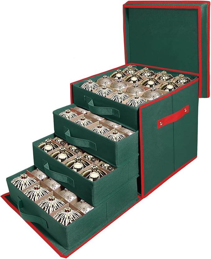WDZREE Premium Large Christmas Ornament Storage,Box with Side Open, Drawer Style Trays - 3" Compartment, 4 Trays, Keeps 64 Holiday Ornaments -Made of Durable 600D Oxford Fabric Tear-Proof Material