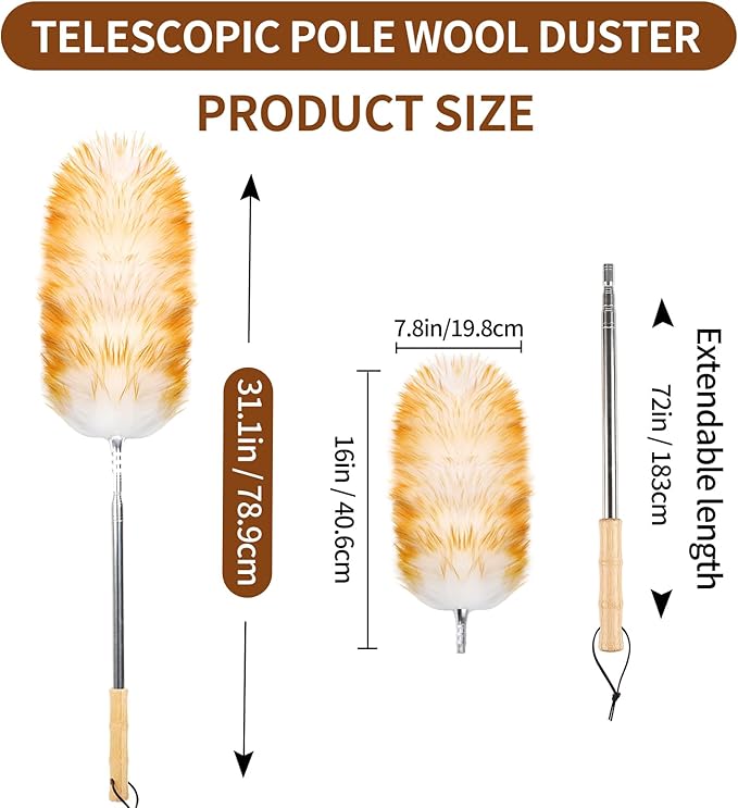iHUFeather Lambswool Duster for Cleaning with Solid Wooden Handle Leather Hang Strap 87.8" Removable Retractable Feather Duster for Cleaning Ceiling Fans Window Blinds Interior Roof Furniture(2 Pack)