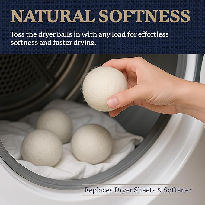 Farberware Wool Dryer Balls 4 Pack – Reusable 100% Wool Balls for Dryer – Natural Fabric Softener for Laundry, Towels & Bedding, Replaces Fabric Sheets & Liquid Softeners