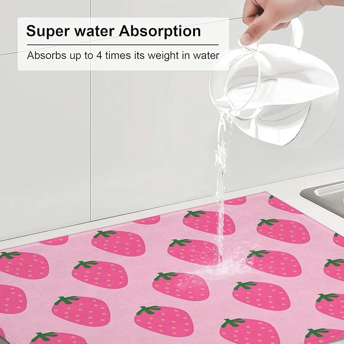 Absorbent Dish Drying Mat For Kitchen Counter, Strawberry Pink Fruit Microfiber Dish Drying Pad, Kitchen Gadgets For Easy Clean Multi-Use