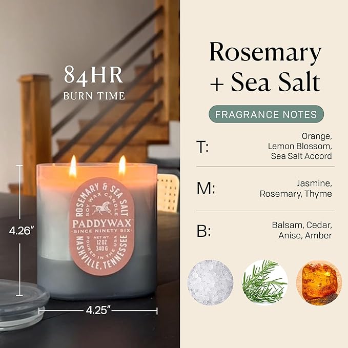 Paddywax Vista Scented Candle with Lid in Reusable Tonal Glass Jar, Clean-Burn 2-Wick Soy Candle with Approx. 84 Hour Burn Time, Decorative Gift Candles for Home, Rosemary & Sea Salt, 12 oz
