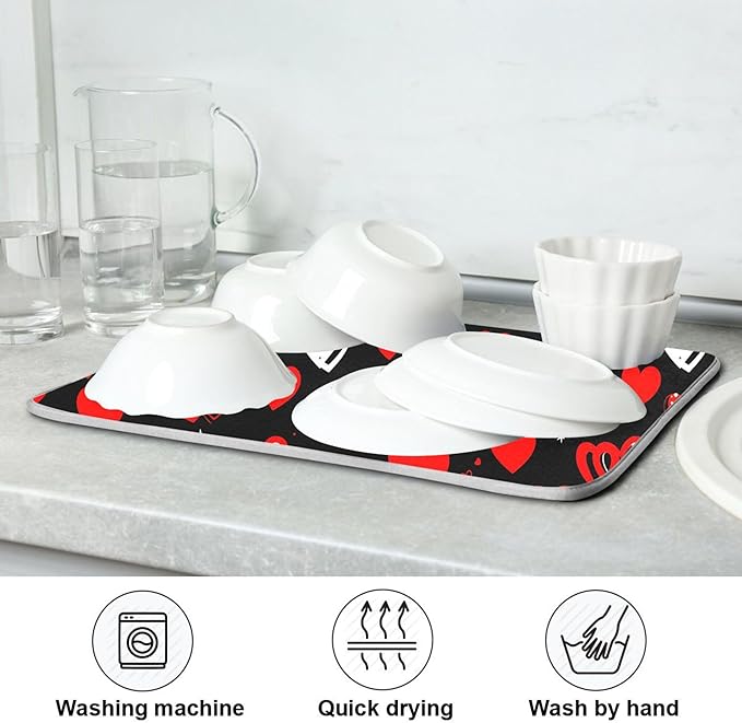 Black Love Heart Dish Drying Mat for Kitchen Countertop 16x18 Happy Valentine's Day Small Drying Mat Reusable Quick Dry Dish Sink Mats Easy Clean Decorative Essentials