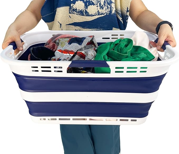 SAMMART Set of 2 Collapsible Plastic Storage Basket - Foldable Pop Up Storage Container - Portable Laundry Organizer - Space Saving Hamper (White/Starry Blue, 42L (Style A))