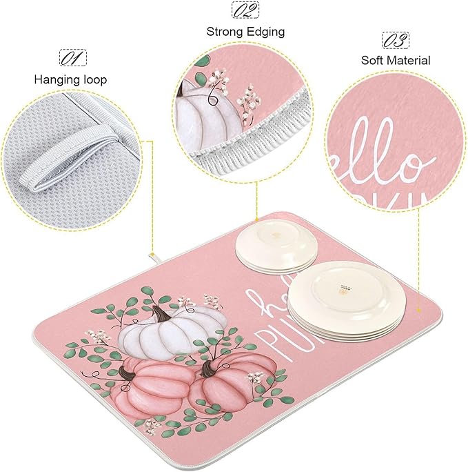 Hello Pumpkin Pink Dish Drying Mat for Kitchen Countertop 16x18 Fall Leaves Rectangle Small Drying Mat Reusable Quick Dry Dish Sink Absorbent Mats Dishwasher Easy Clean Decorative Home Essentials