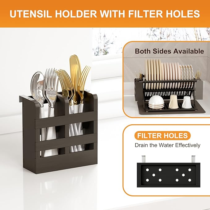 Greenual Black Bamboo Dish Drying Rack with Utensil Holder, 3 Tier Collapsible Dish Rack, Wooden Dish Racks for Kitchen Counter, Large Folding Drying Holder with Absorbent Dish Drying Mat